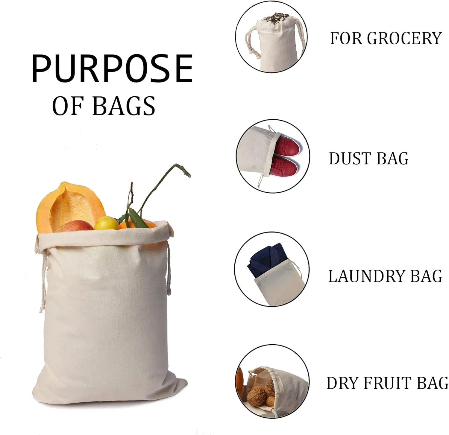 10-Pack 10” x 12” Reusable Produce Bags, Muslin Bags with Drawstrings for Shopping & Storage, Premium Quality Reusable Eco-Friendly Natural Muslin Bags
