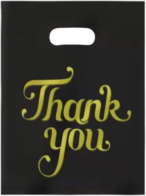 100 Count 9.7 "x 13.7" Plastic Merchandise Bags, Shopping Bag for Small Business Retail Bags Crafts Plastic Bag with Die Cut Handle Bag - Black Thank You