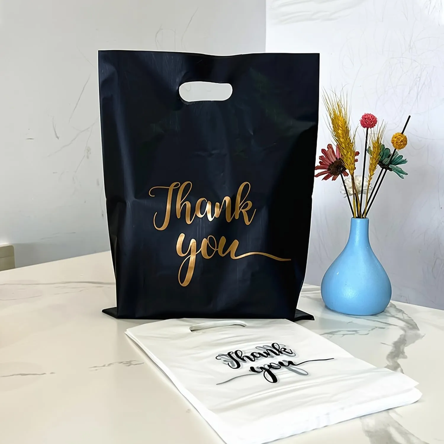 100 Count 9.7 "x 13.7" Plastic Merchandise Bags, Shopping Bag for Small Business Retail Bags Crafts Plastic Bag with Die Cut Handle Bag - Black Thank You