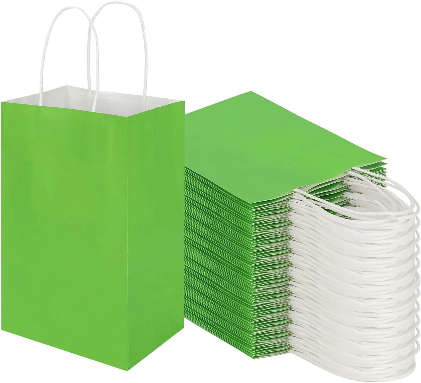 100 Pack 5.25x3.25x8.25 Inch Small Grass Green Kraft Paper Bags with Handles Bulk, Toovip Gift Wrap Bags for Favor Grocery Retail Party Birthday Shopping Business Goody Craft Merchandise Take Out Sacks
