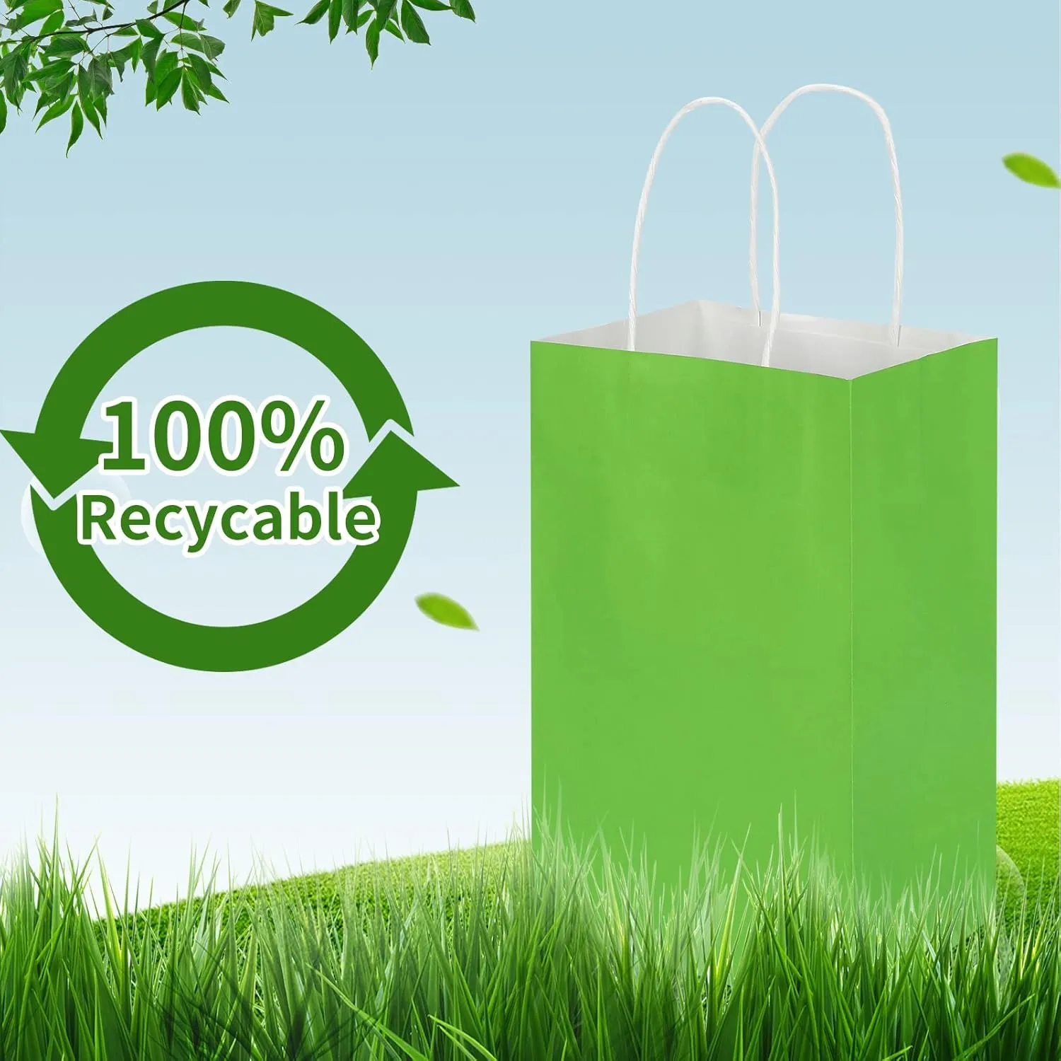 100 Pack 5.25x3.25x8.25 Inch Small Grass Green Kraft Paper Bags with Handles Bulk, Toovip Gift Wrap Bags for Favor Grocery Retail Party Birthday Shopping Business Goody Craft Merchandise Take Out Sacks