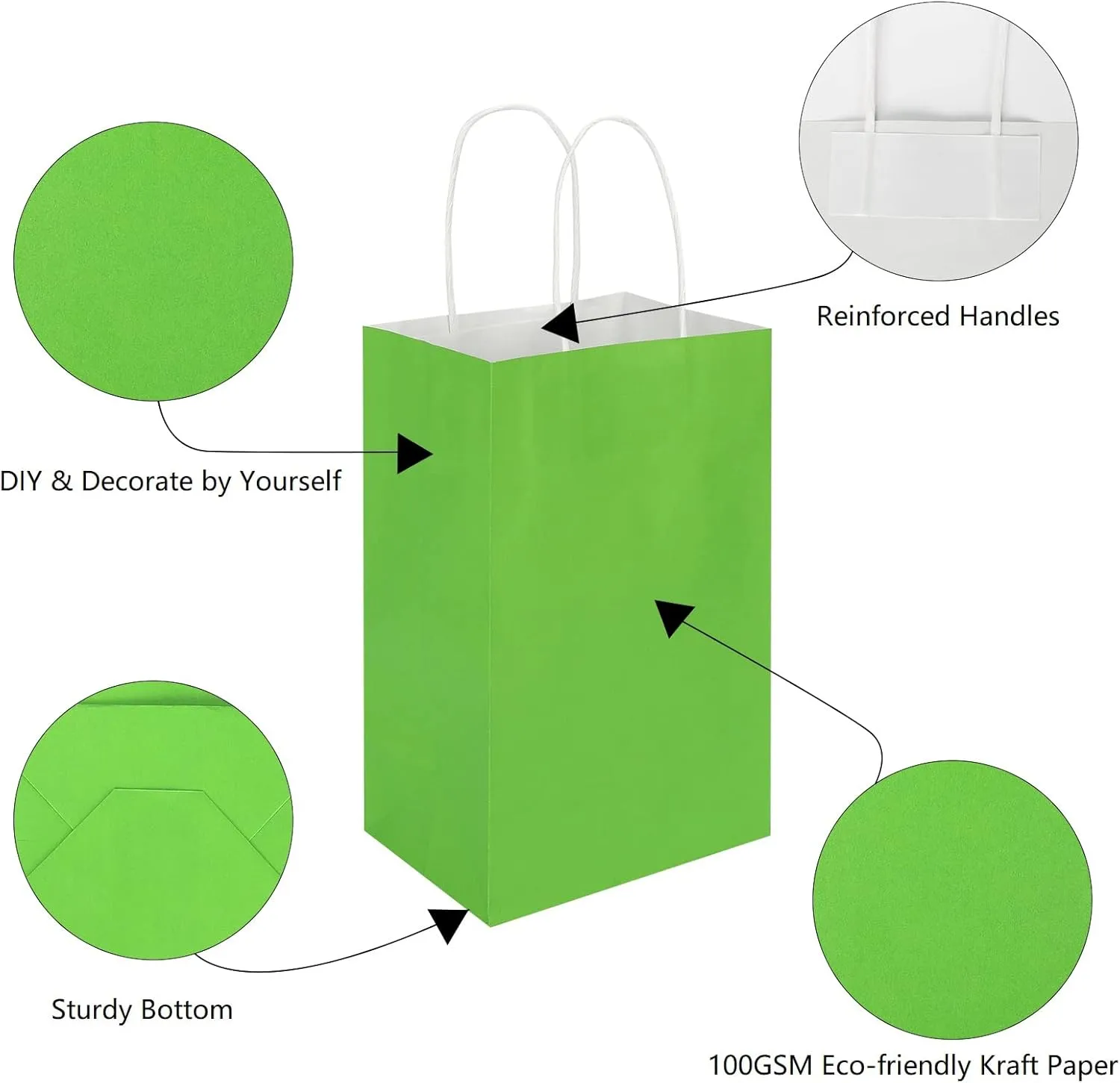 100 Pack 5.25x3.25x8.25 Inch Small Grass Green Kraft Paper Bags with Handles Bulk, Toovip Gift Wrap Bags for Favor Grocery Retail Party Birthday Shopping Business Goody Craft Merchandise Take Out Sacks