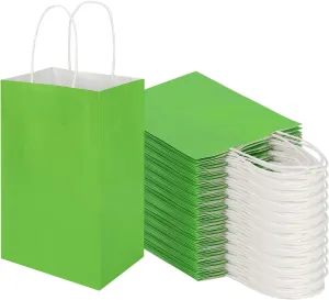 100 Pack 5.25x3.25x8.25 Inch Small Grass Green Kraft Paper Bags with Handles Bulk, Toovip Gift Wrap Bags for Favor Grocery Retail Party Birthday Shopping Business Goody Craft Merchandise Take Out Sacks
