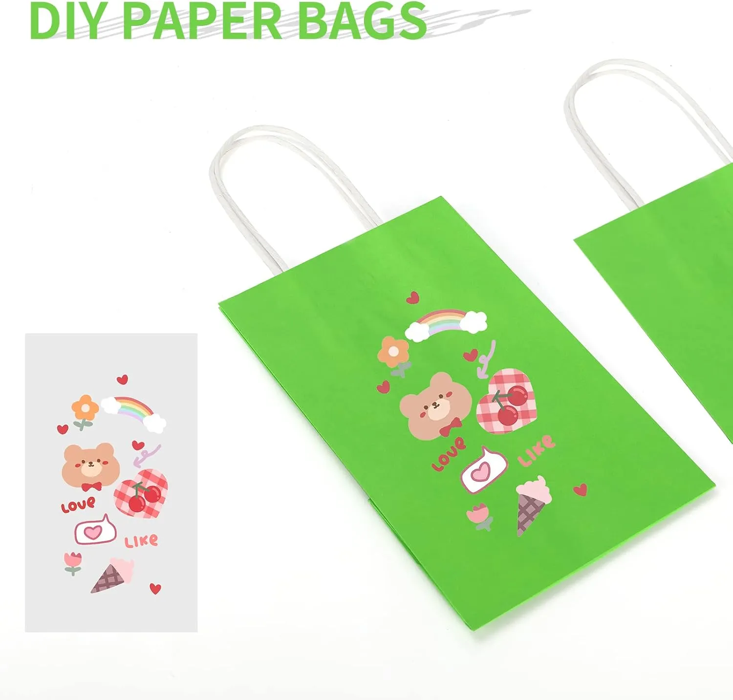 100 Pack 5.25x3.25x8.25 Inch Small Grass Green Kraft Paper Bags with Handles Bulk, Toovip Gift Wrap Bags for Favor Grocery Retail Party Birthday Shopping Business Goody Craft Merchandise Take Out Sacks