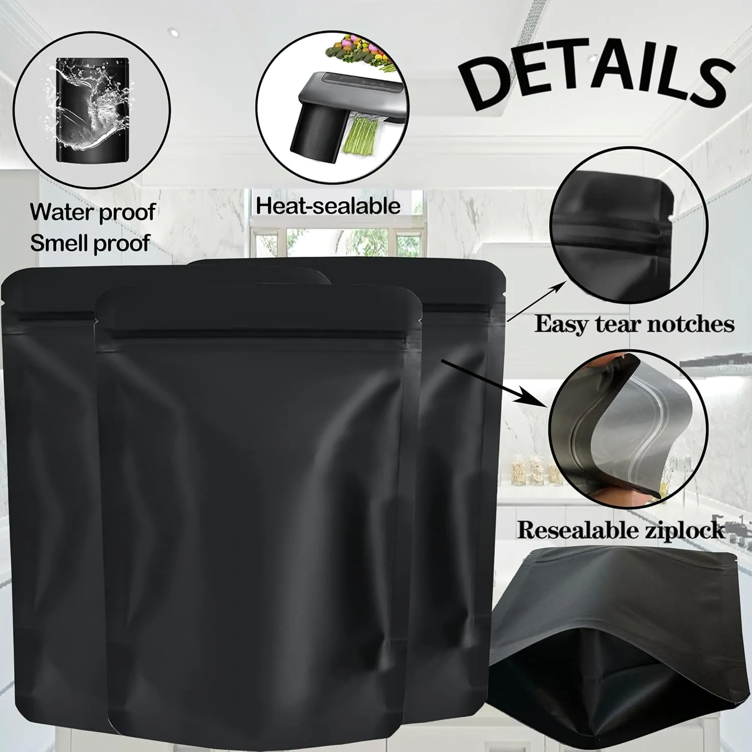 100 Pack Mylar Bags, 5 x 4 inchs Premium Smell Proof Bags with Double-sided Matte Black, Resealable Food Storage Aluminum Foil Stand-up Packaging Bags.