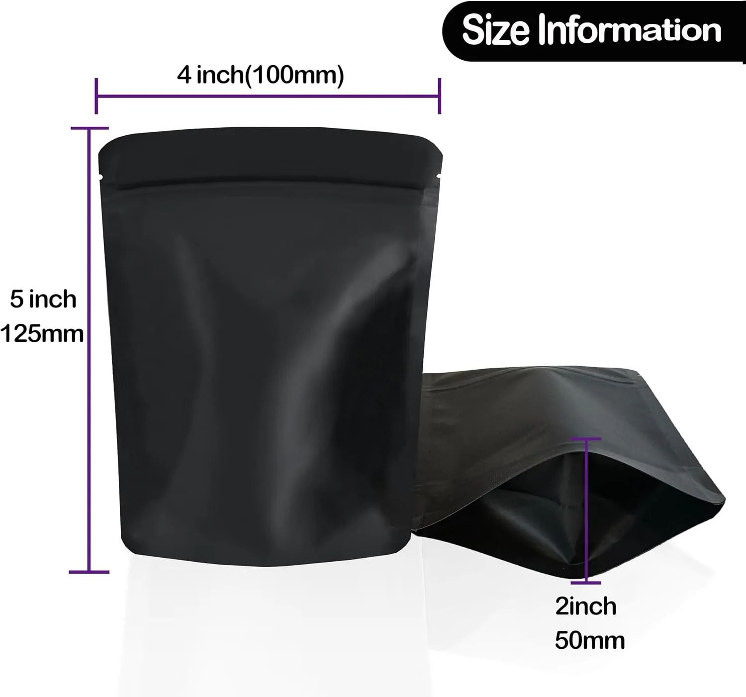 100 Pack Mylar Bags, 5 x 4 inchs Premium Smell Proof Bags with Double-sided Matte Black, Resealable Food Storage Aluminum Foil Stand-up Packaging Bags.