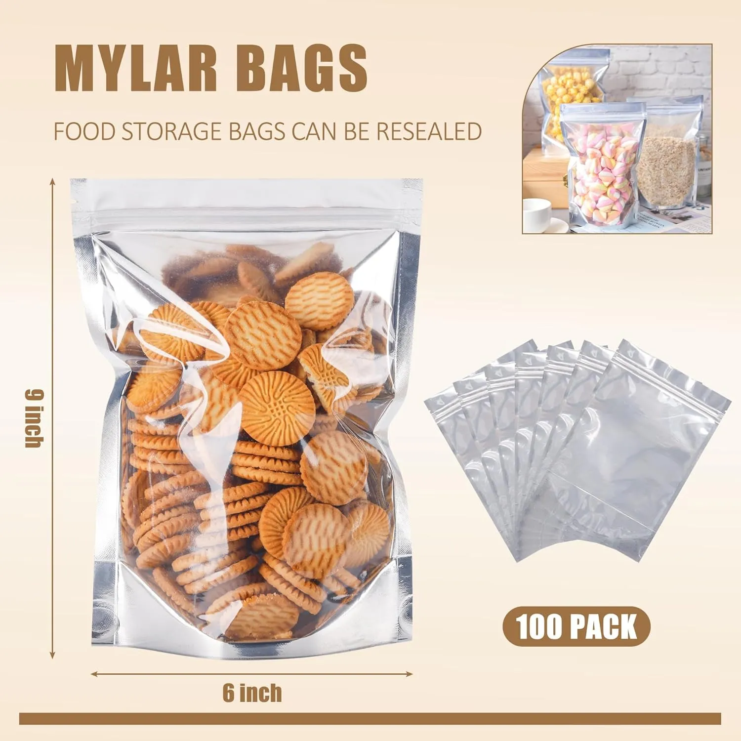 100 PACK Mylar Bags for Food Storage and Resealable Bags for Small Business Packaging Supplies Great for Party Favor Food Storage Bags (Silver,6x9Inches)