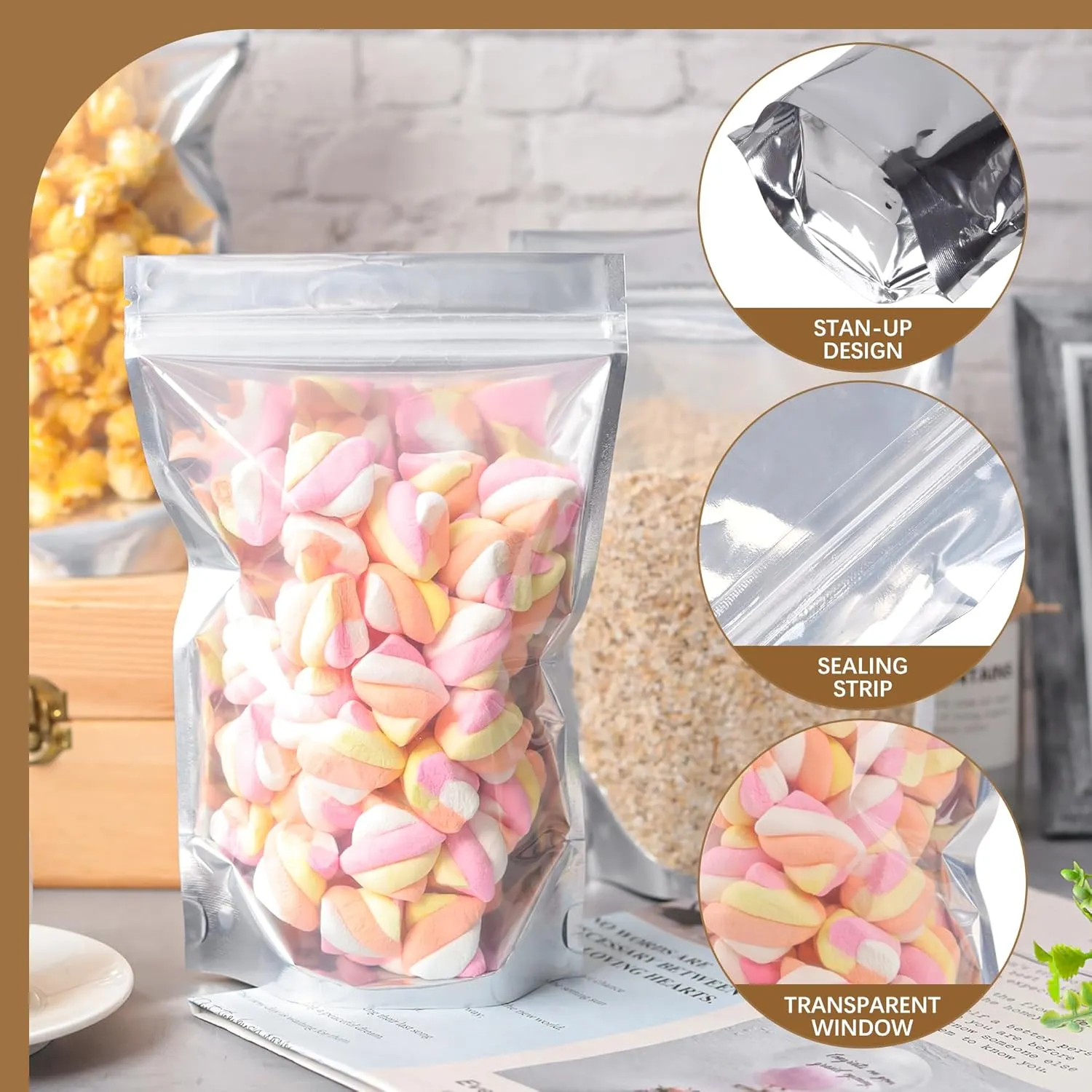100 PACK Mylar Bags for Food Storage and Resealable Bags for Small Business Packaging Supplies Great for Party Favor Food Storage Bags (Silver,6x9Inches)