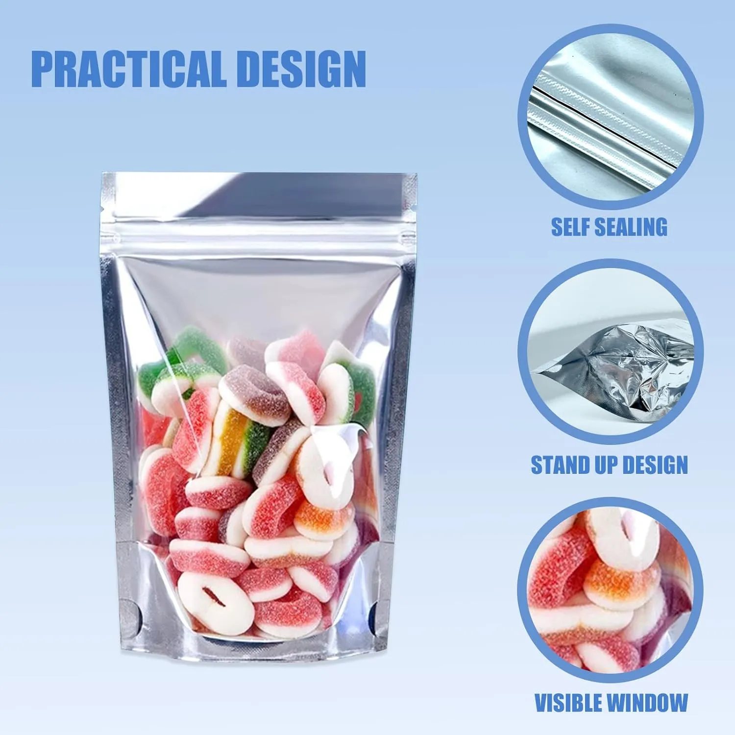 100 Pcs 5"x 8" Resealable Mylar Bags for Food Storage Clear Front Stand Up Pouch Bags with Label Stickers Party Favor Bags for Small Business Packaging