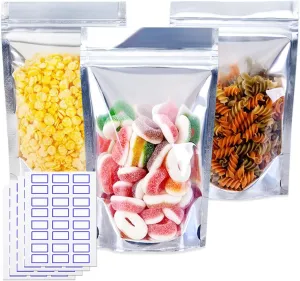 100 Pcs 5"x 8" Resealable Mylar Bags for Food Storage Clear Front Stand Up Pouch Bags with Label Stickers Party Favor Bags for Small Business Packaging