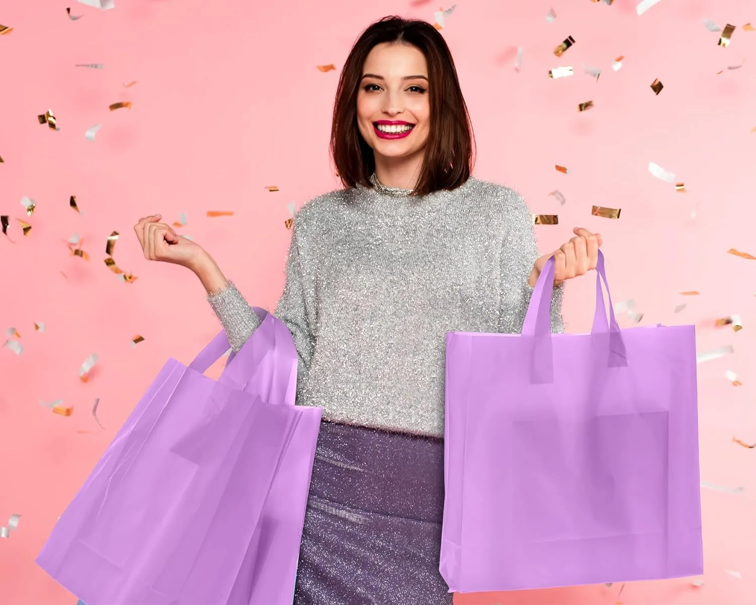 100 Pcs Frosted Plastic Gift Bags with Handles for Small Business Clear Shopping Bags with Cardboard Bottom,4 Sizes