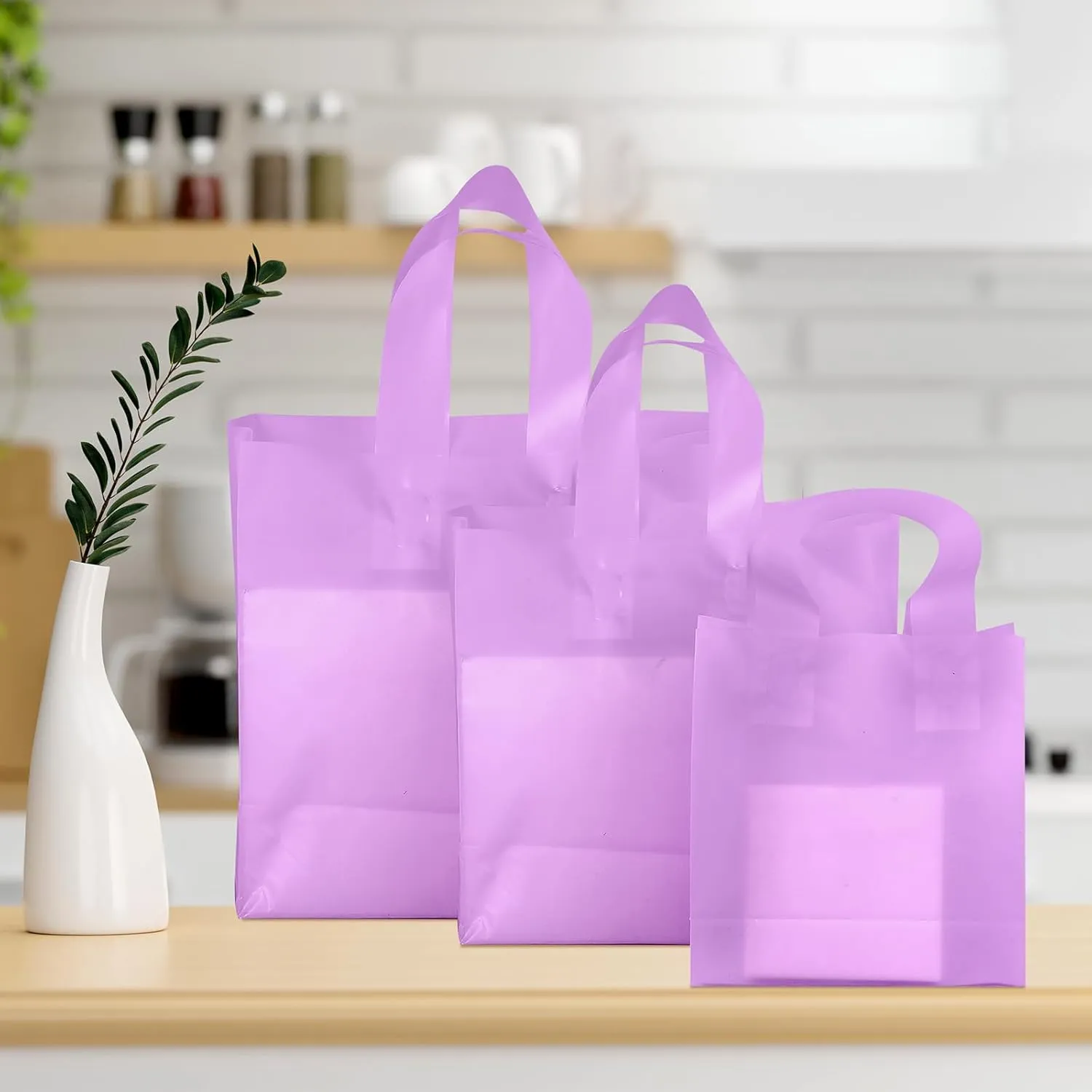 100 Pcs Frosted Plastic Gift Bags with Handles for Small Business Clear Shopping Bags with Cardboard Bottom,4 Sizes