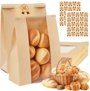 100 PCS Large Paper Bread Bags with Tin Tie Tab Lock 14x8.3x3.5 Inches Homemade Bread Sourdough Bags with Window, 300 PCS Seal Stickers