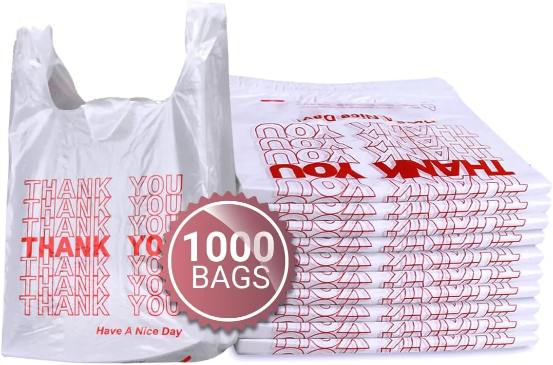 1000 PACK Heavy-Duty White Plastic Thank You Bags with Handles (11.5 x 6.5 x 22 inch) - Durable Disposable T-Shirt Bags for Retail, Grocery, and Supermarket Use