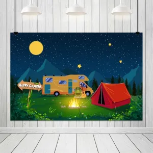 10x8ft Cartoon Camping Backdrop Forest and Mountain Adventure Background Campfire Camper Tent Theme Birthday Party Backdrop Hiking Climbing Backpacks Photo Props