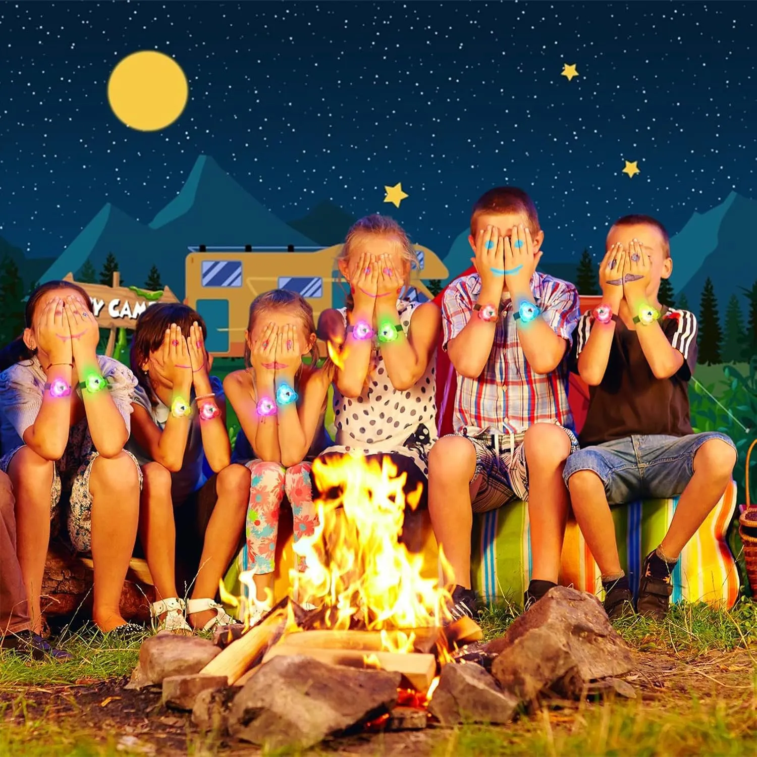 10x8ft Cartoon Camping Backdrop Forest and Mountain Adventure Background Campfire Camper Tent Theme Birthday Party Backdrop Hiking Climbing Backpacks Photo Props