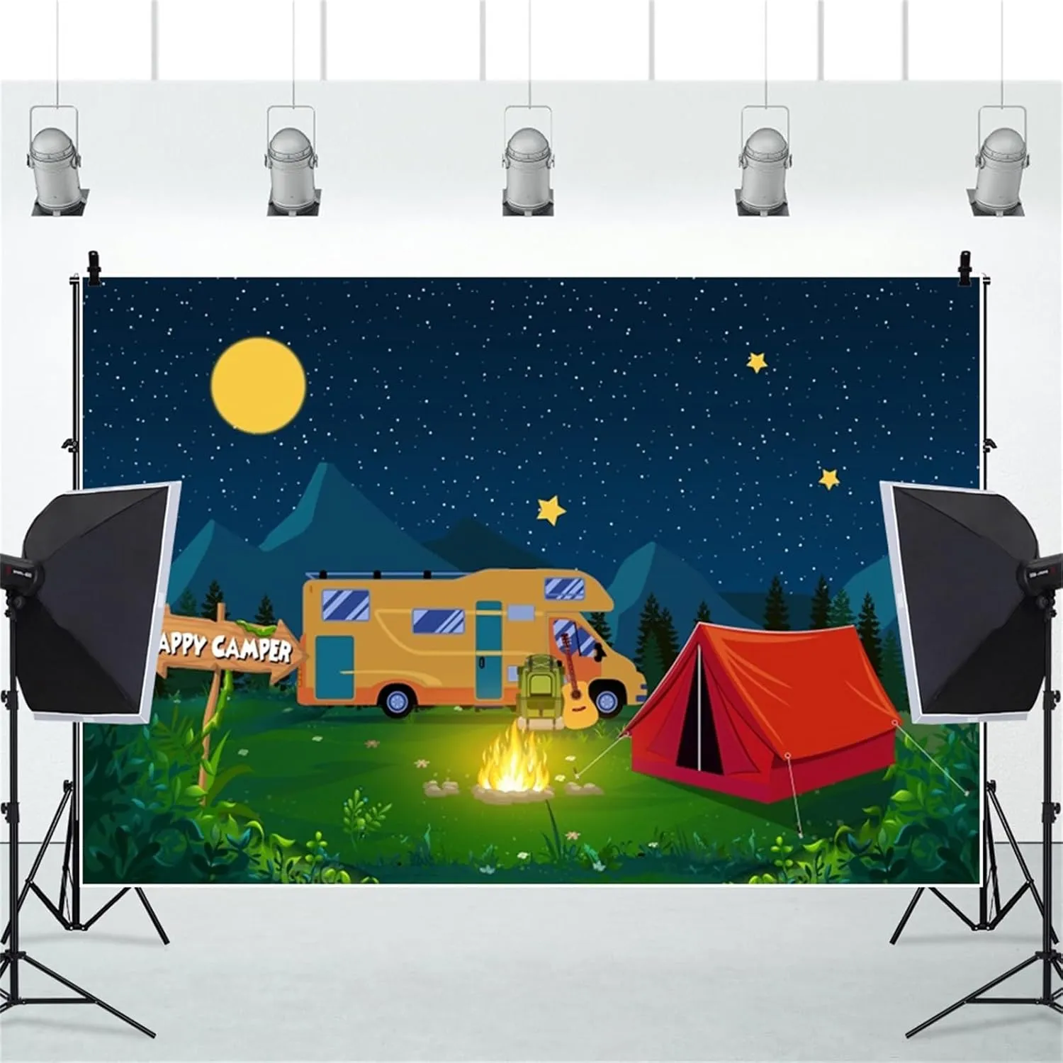 10x8ft Cartoon Camping Backdrop Forest and Mountain Adventure Background Campfire Camper Tent Theme Birthday Party Backdrop Hiking Climbing Backpacks Photo Props