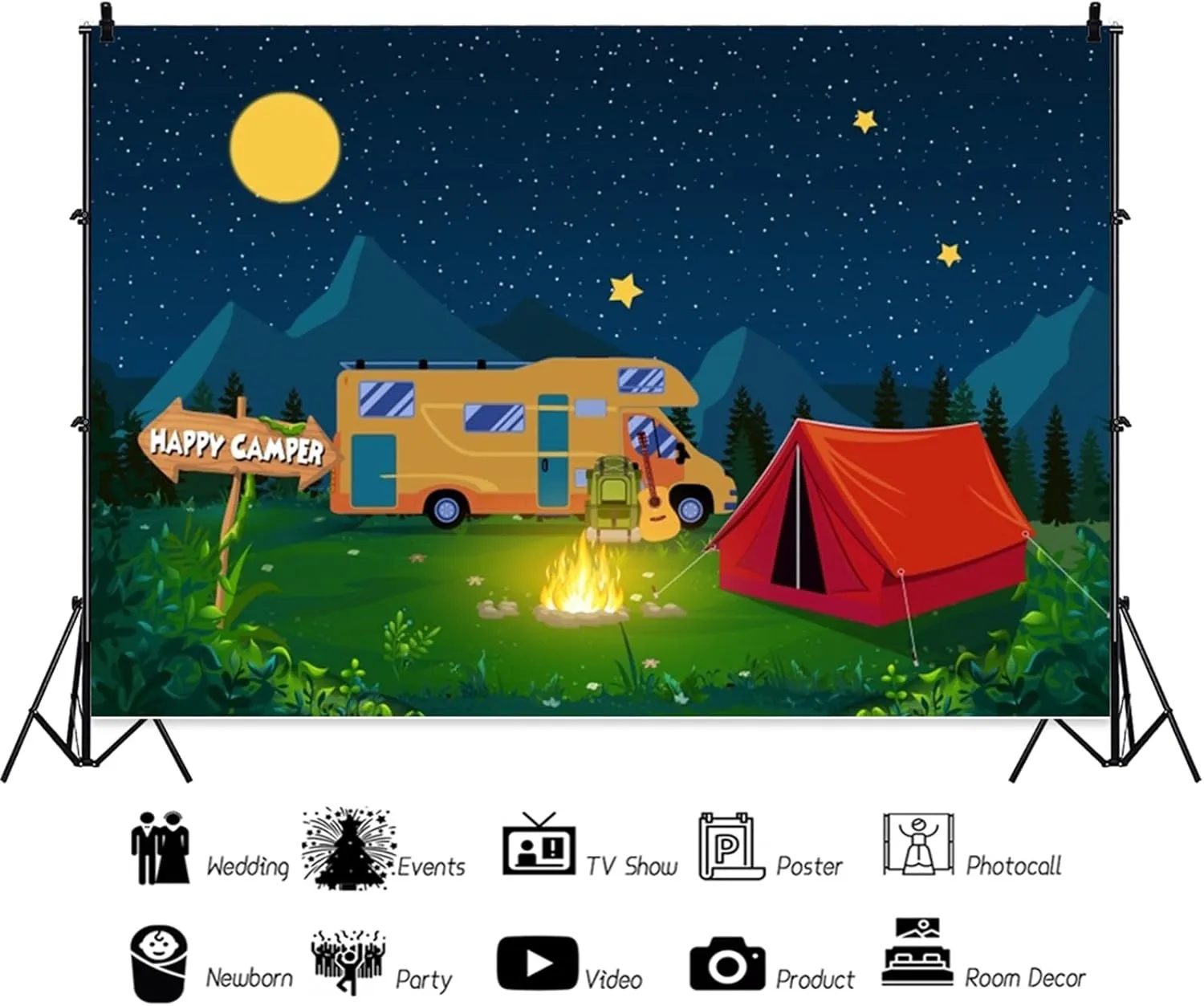 10x8ft Cartoon Camping Backdrop Forest and Mountain Adventure Background Campfire Camper Tent Theme Birthday Party Backdrop Hiking Climbing Backpacks Photo Props