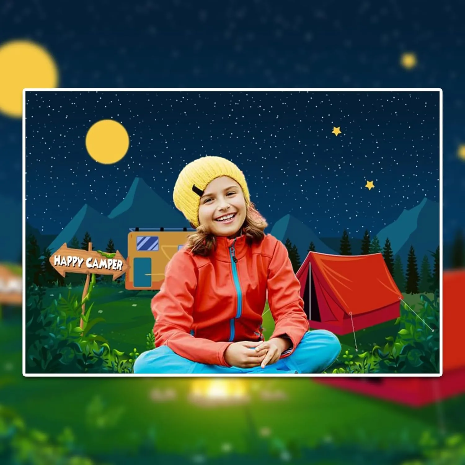 10x8ft Cartoon Camping Backdrop Forest and Mountain Adventure Background Campfire Camper Tent Theme Birthday Party Backdrop Hiking Climbing Backpacks Photo Props