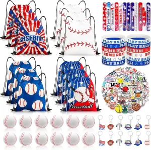 110Pcs Baseball Party Favors Drawstring Bags Baseball Goodie Bag with Mini Ball, Wristband, Slap bracelets, Keychains, Stickers for Baseball Party Supplies