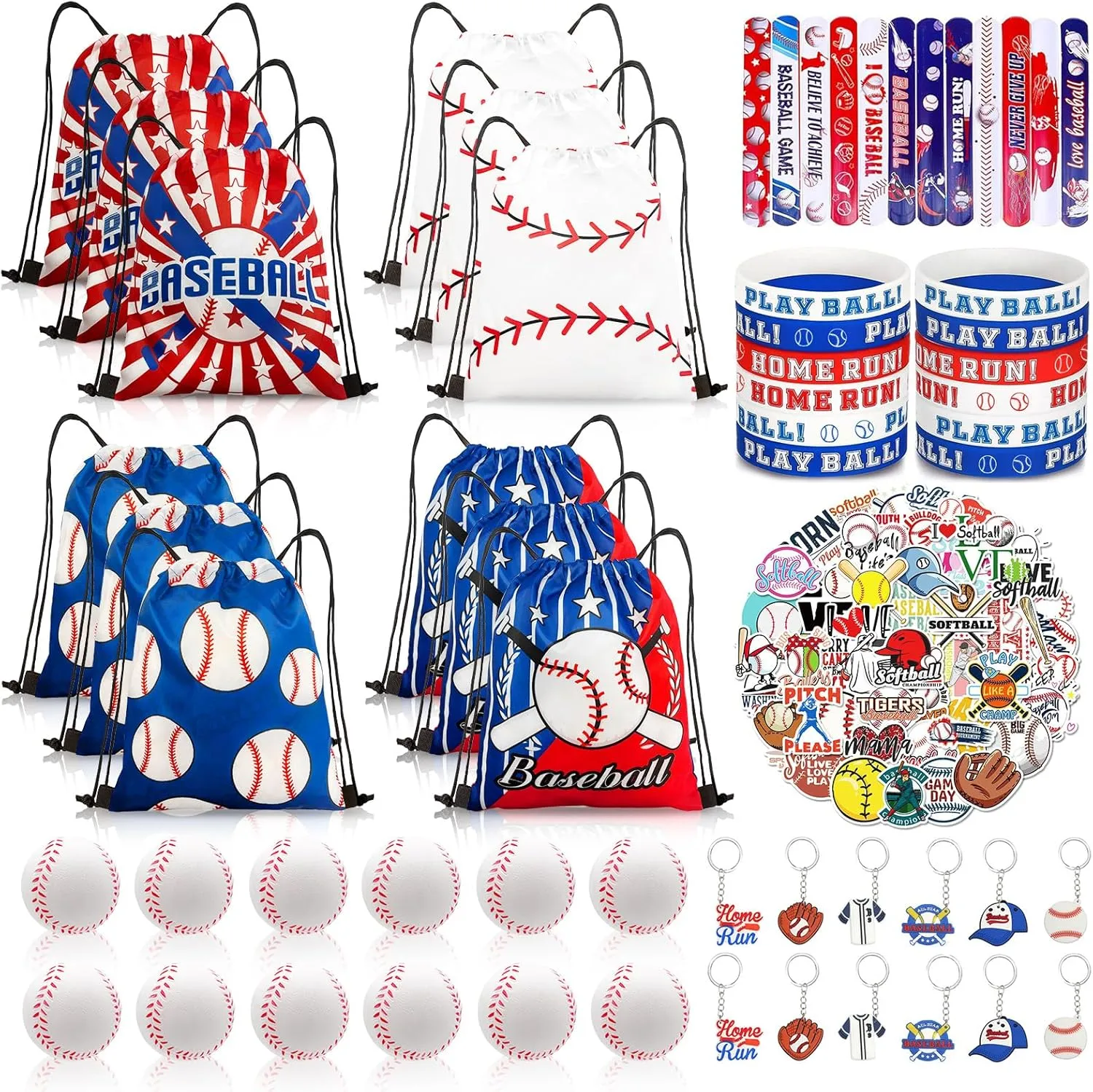 110Pcs Baseball Party Favors Drawstring Bags Baseball Goodie Bag with Mini Ball, Wristband, Slap bracelets, Keychains, Stickers for Baseball Party Supplies