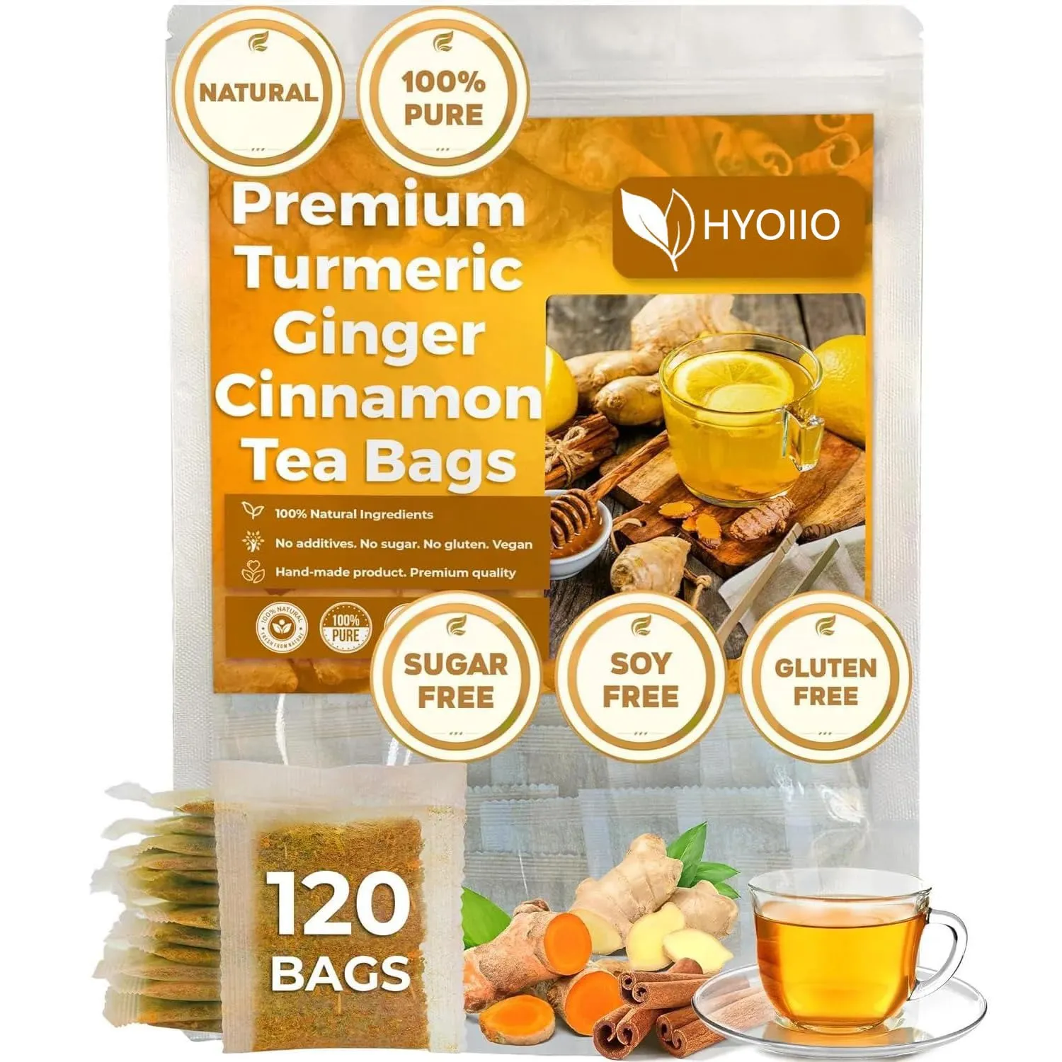 120 Premium Turmeric - Cinnamon Blend Tea Bags, 100% Natural & No Additives & Caffeine Free