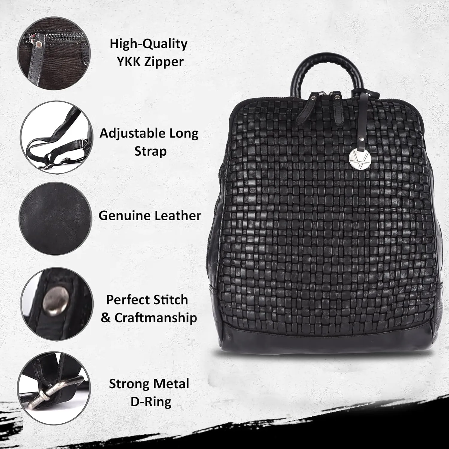 12.5 Inch Genuine Leather Backpack for Women and Men, Black Leather Backpack with Adjustable Shoulder Strap