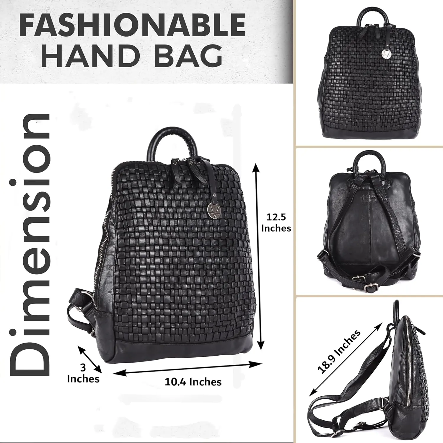 12.5 Inch Genuine Leather Backpack for Women and Men, Black Leather Backpack with Adjustable Shoulder Strap