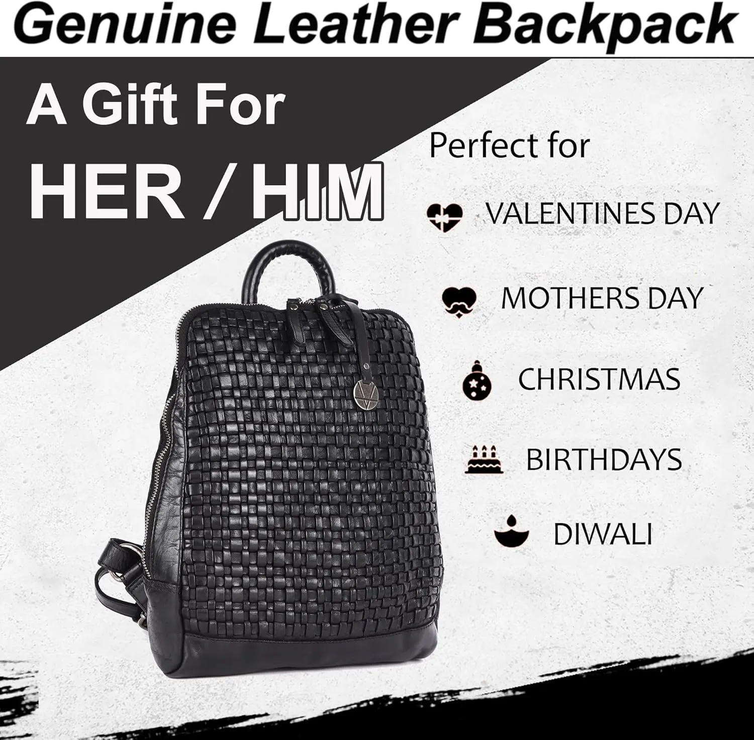 12.5 Inch Genuine Leather Backpack for Women and Men, Black Leather Backpack with Adjustable Shoulder Strap