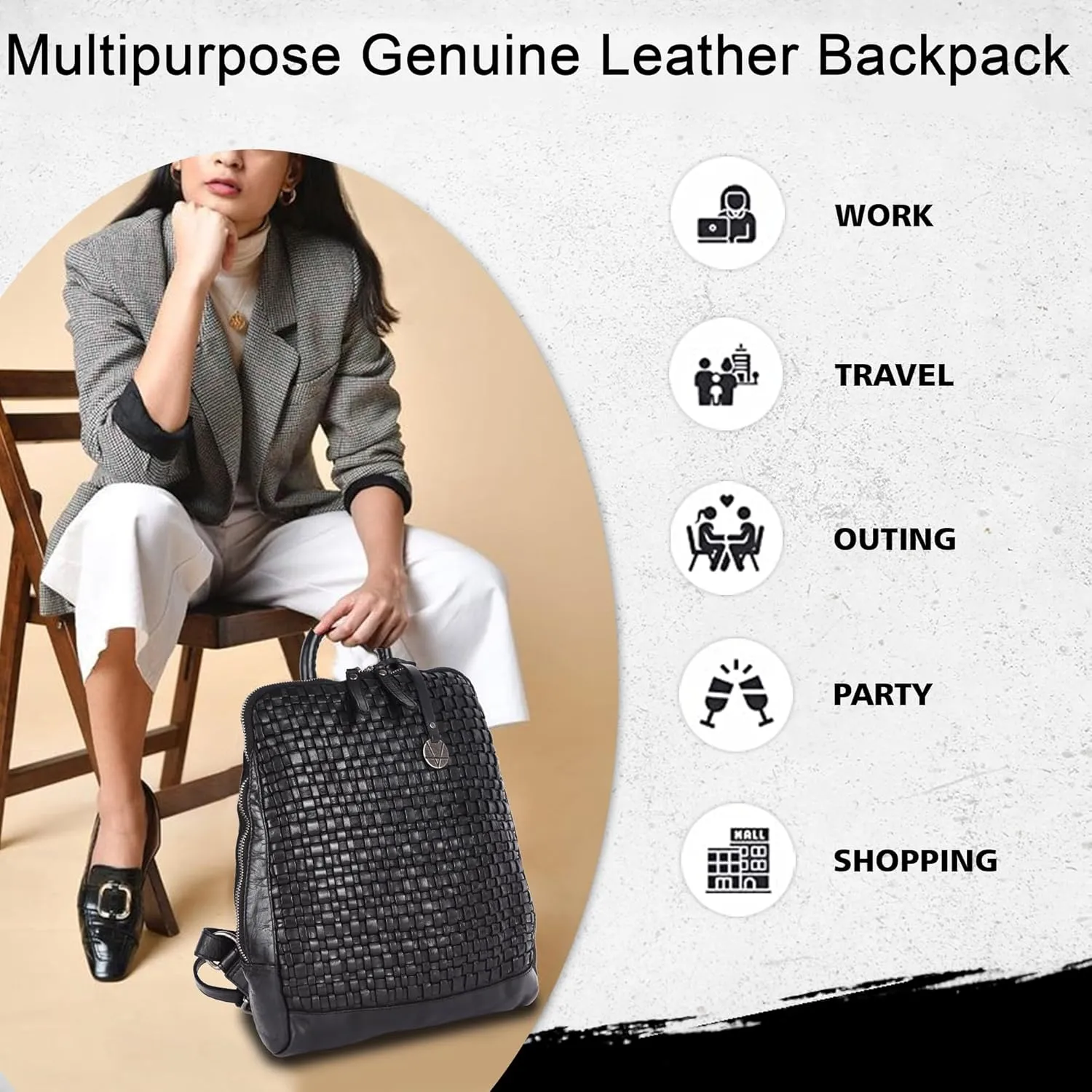 12.5 Inch Genuine Leather Backpack for Women and Men, Black Leather Backpack with Adjustable Shoulder Strap