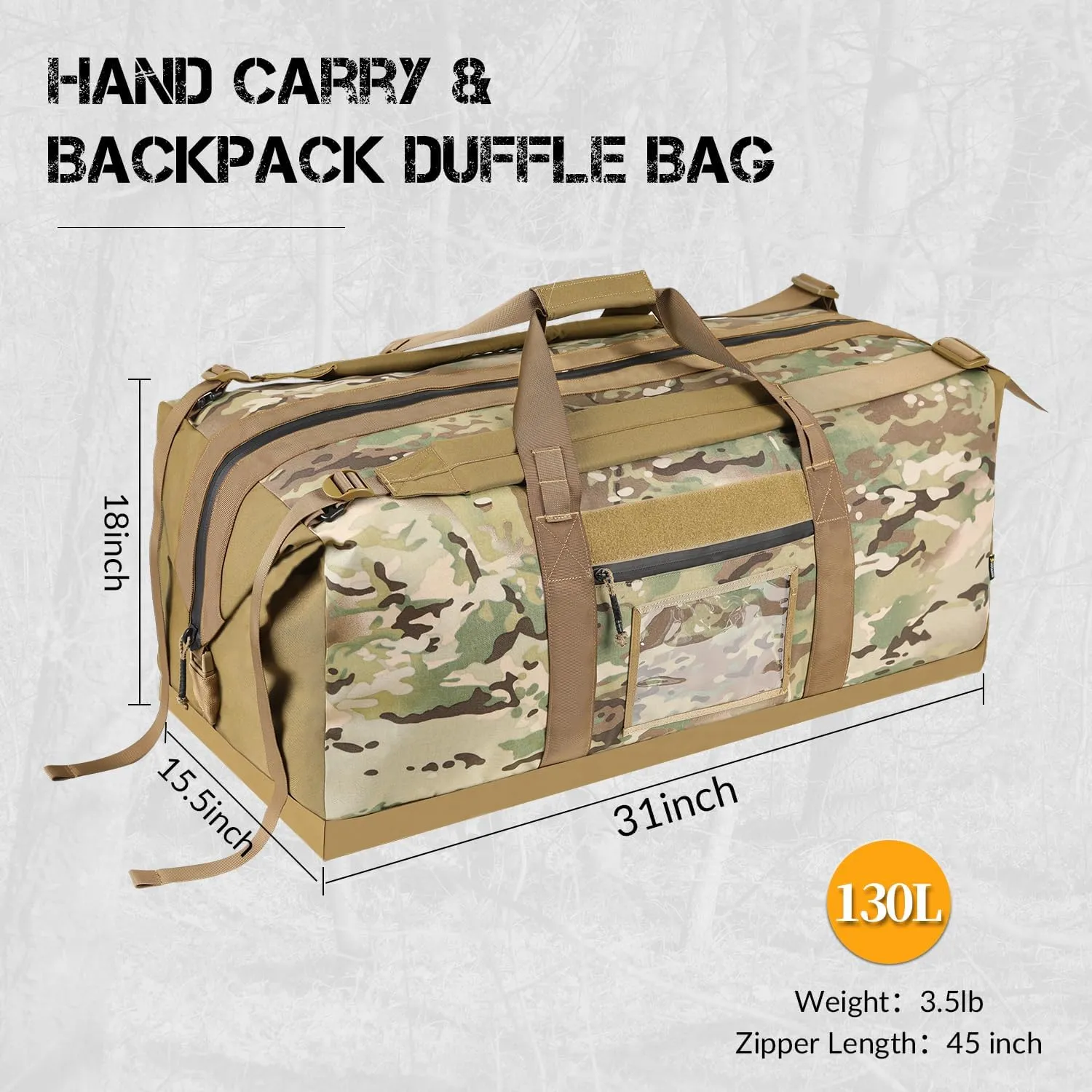 130L Tactical Travel Duffle Bag Large Capacity Waterproof Full-Access Opening Foldable Military Backpack Travel for Outdoor Camping Hunting Weekender Gym Traveling Workout Deployment