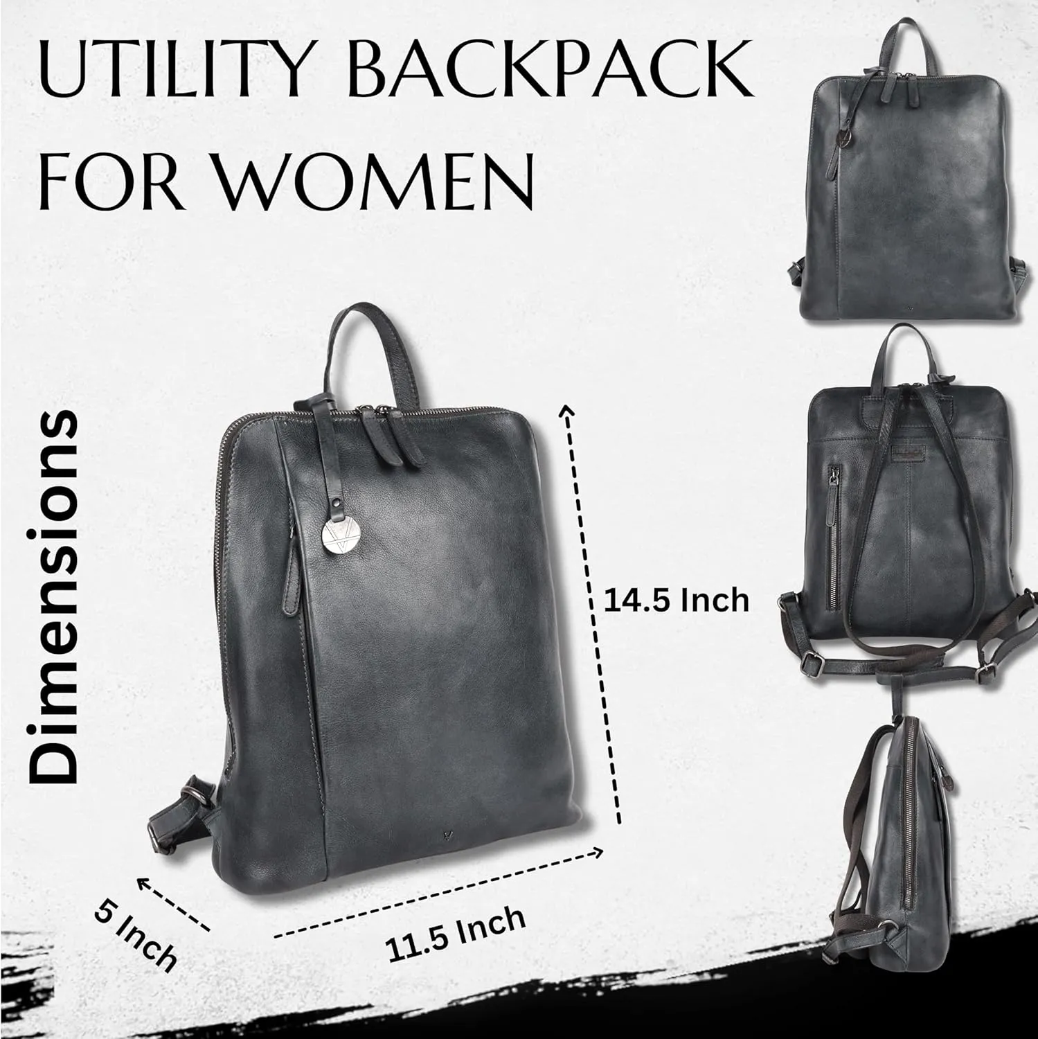 14.5 Inch Genuine Leather Backpack for Women and Men, Grey Leather Backpack with Adjustable Shoulder Strap