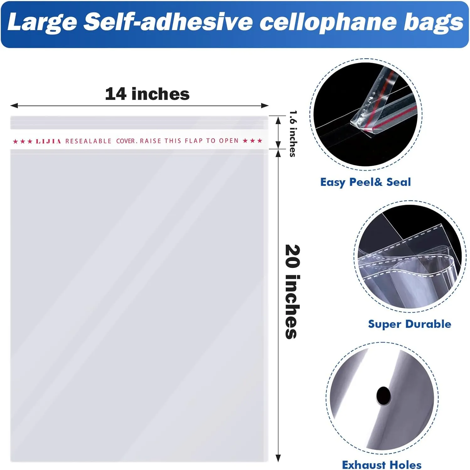 14x20 inches 500ct Large Clear Resealable Cellophane Bags for Packaging Products Self-sealing Gift Plastic Bags Self Adhesive for Clothes, T-shirts, Small Business, Thank you Stickers