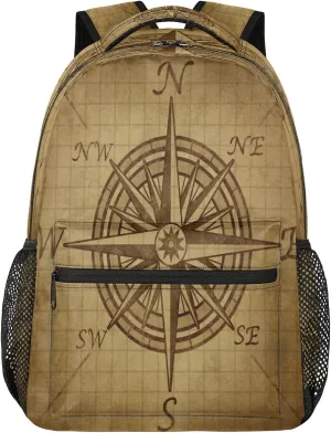 16 Inch Backpack Compass Letters Retro Waterproof Lightweight Travel Back Pack Adjustable Casual Rucksack For Men Women Daypack Fits Travel Outdoor Sport Work Hiking Gym Gifts