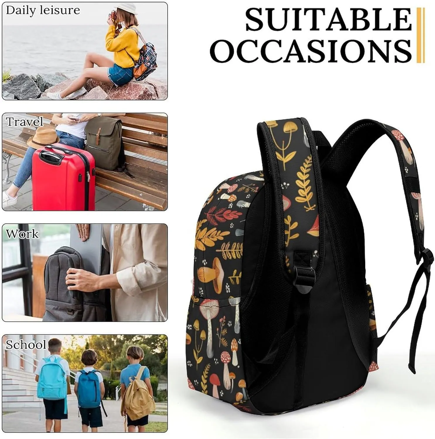 16 Inch Backpack Fall Red Mushroom Leaves Laptop Backpack School Bookbag Shoulder Bag Casual Daypack