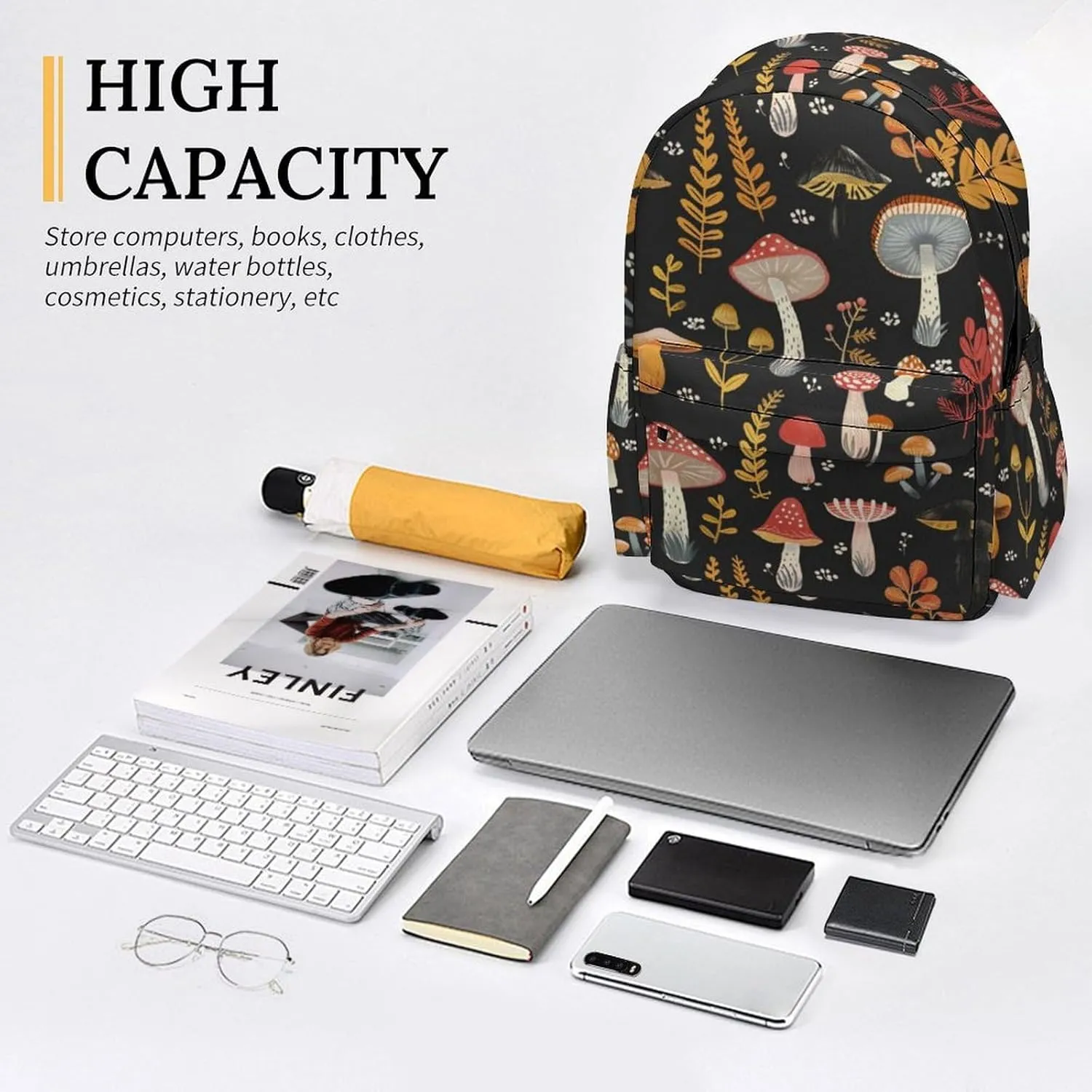 16 Inch Backpack Fall Red Mushroom Leaves Laptop Backpack School Bookbag Shoulder Bag Casual Daypack