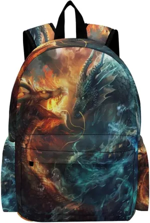 16 Inch Backpack Fire Water Two Dragons Laptop Backpack School Bookbag Shoulder Bag Casual Daypack
