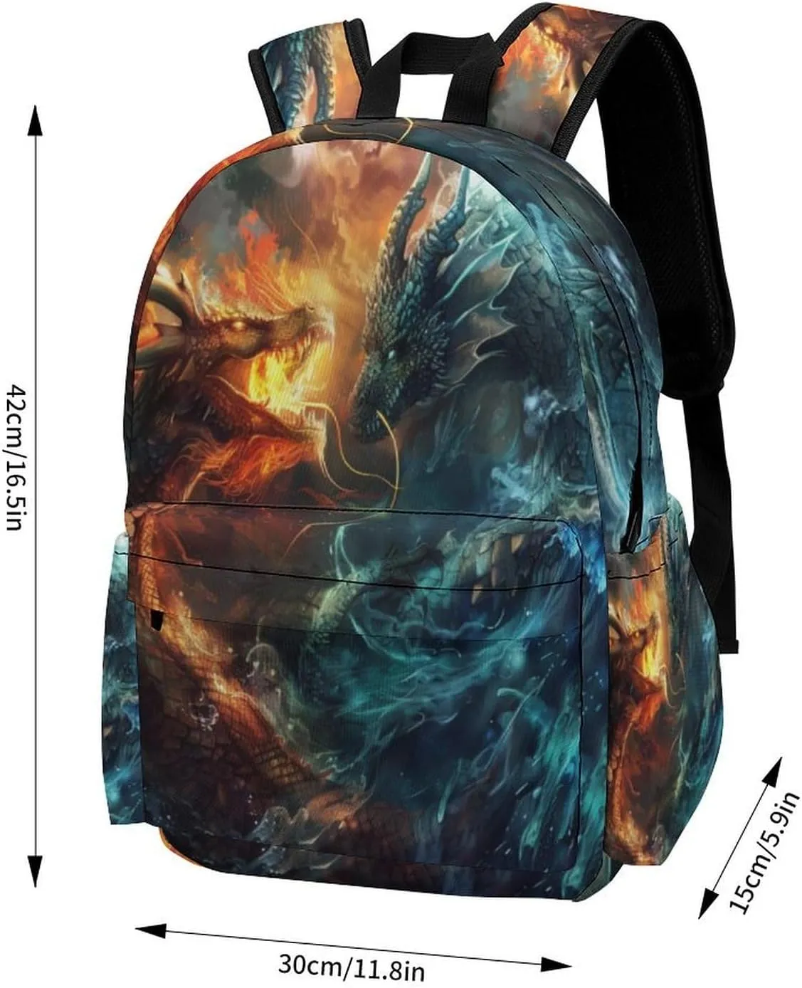 16 Inch Backpack Fire Water Two Dragons Laptop Backpack School Bookbag Shoulder Bag Casual Daypack