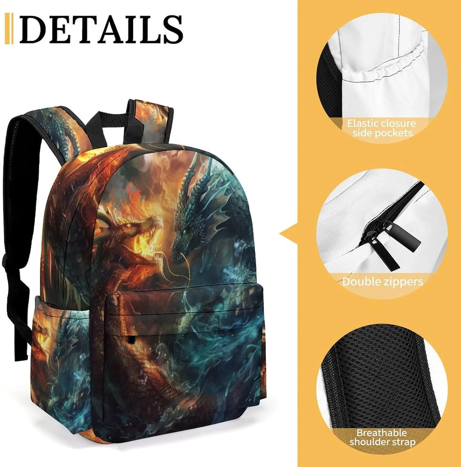 16 Inch Backpack Fire Water Two Dragons Laptop Backpack School Bookbag Shoulder Bag Casual Daypack