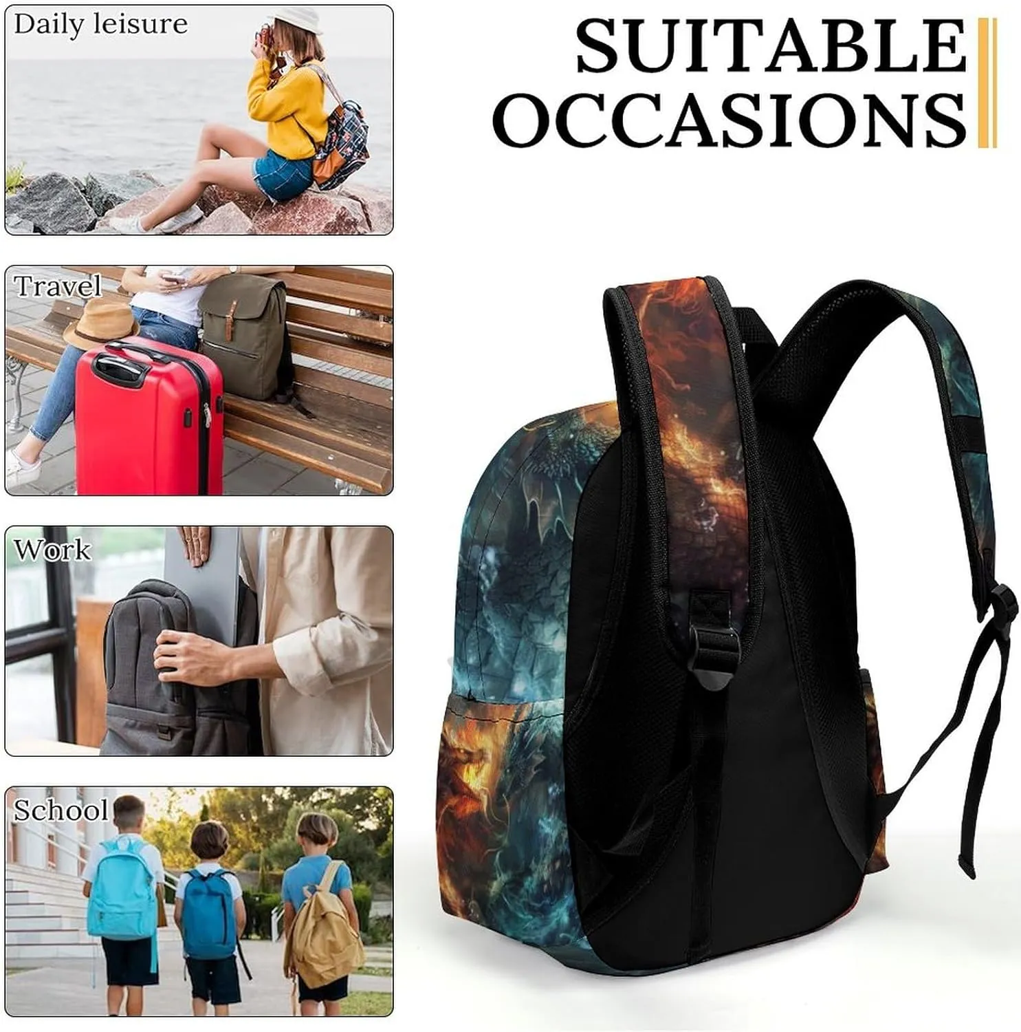 16 Inch Backpack Fire Water Two Dragons Laptop Backpack School Bookbag Shoulder Bag Casual Daypack