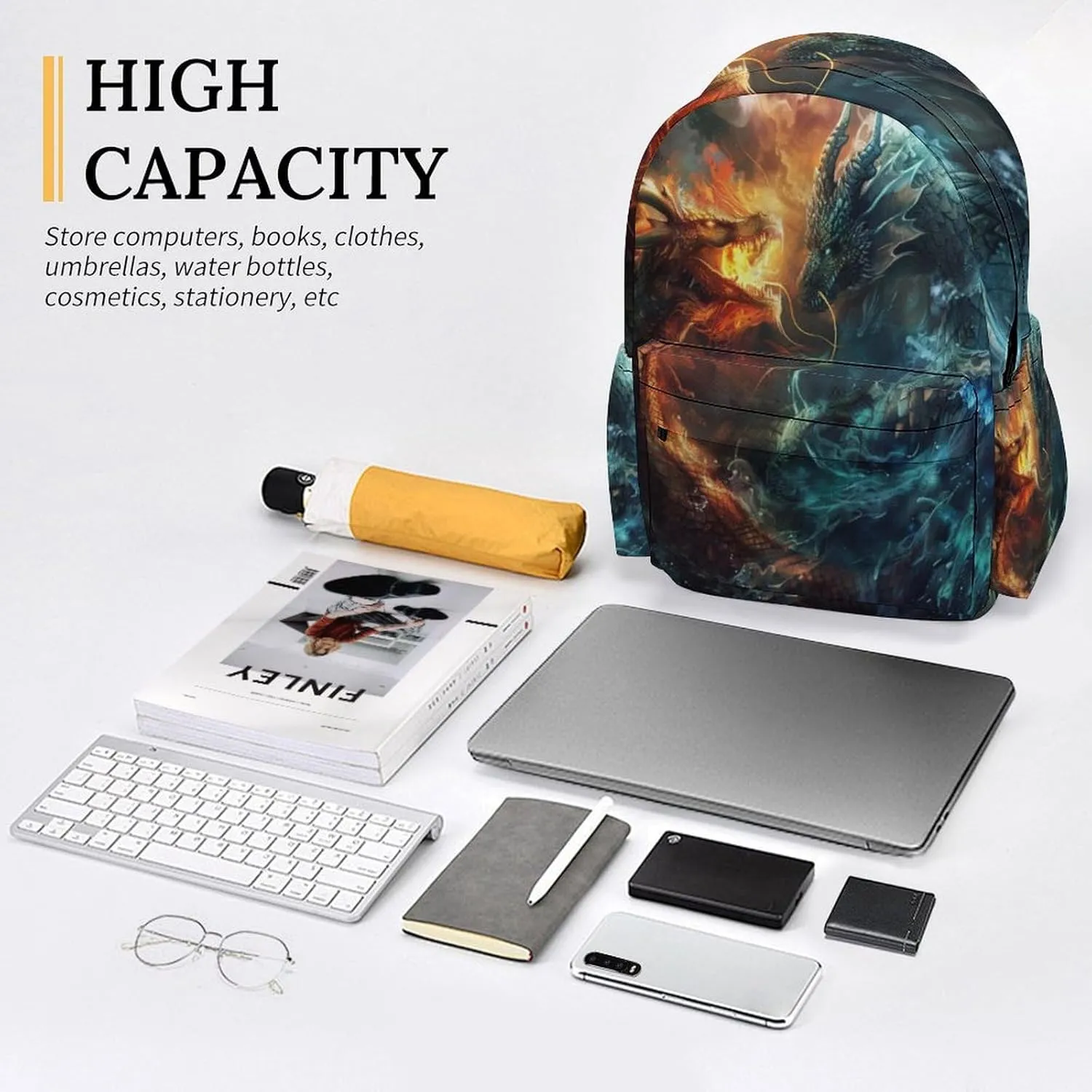 16 Inch Backpack Fire Water Two Dragons Laptop Backpack School Bookbag Shoulder Bag Casual Daypack