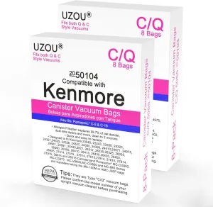 16 Pack Style C/Q Canister Vacuum Bags for Kenmore 50104, Micro Filtration Premium Dust Bags Fit Kenmore Style C Q 5055 50557 50558 Type C-5 Models
