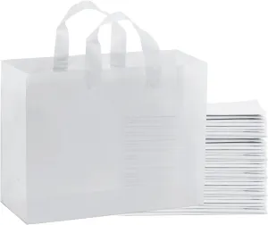 16x6x12 Shopping Bags for Small Business,50 Pack Clear Frosted White Plastic Gift Wrap Bags with Handles for Small Business