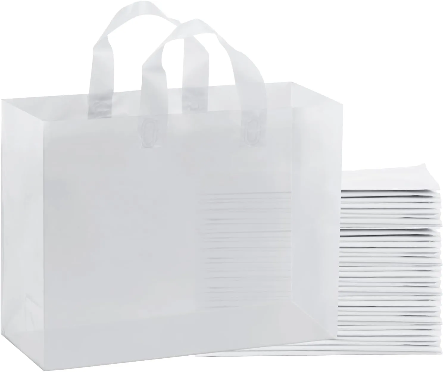 16x6x12 Shopping Bags for Small Business,50 Pack Clear Frosted White Plastic Gift Wrap Bags with Handles for Small Business
