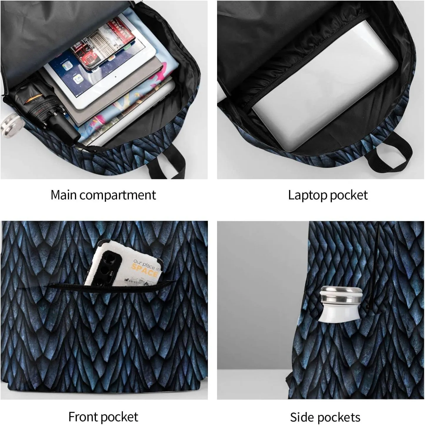 17 inch Backpack 3D Gray Dragon Scales Laptop Backpack School Bookbag Shoulder Bag Casual Daypack