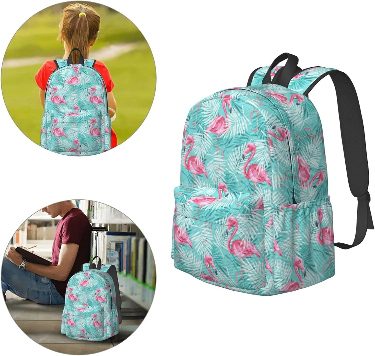 17 inch Backpack Leaves Pink Flamingo Palm Laptop Backpack School Bookbag Shoulder Bag Casual Daypack