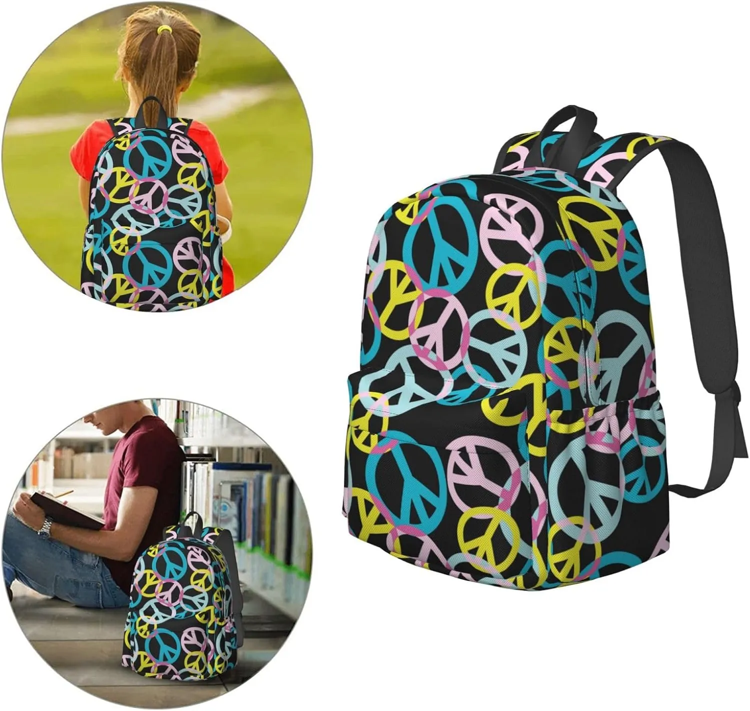 17 inch Backpack Peace Sign Seamless Pattern Vintage Laptop Backpack School Bookbag Shoulder Bag Casual Daypack