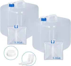 2-Pack 5.3 Gallon Collapsible Water Container with Spigot, BPA-Free, LDPE Material, Leak-Proof Design Portable Foldable Water Storage Jug for Outdoor