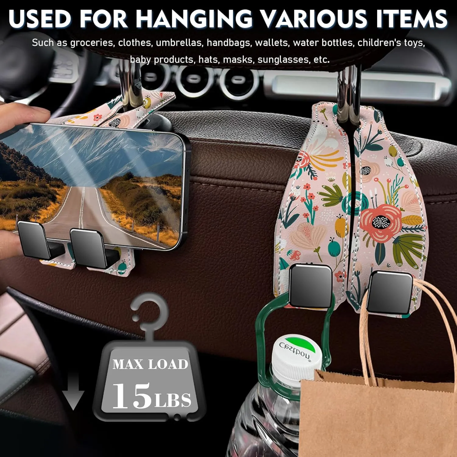2 Pack Car Seats Hooks for Headrest, printed Premium Leather Car Headrest Hook with Metal Hooks, Seat Back Storage Hook for Backseat Organizer, Handbag Purse Coat Grocery (Flower-Pink)
