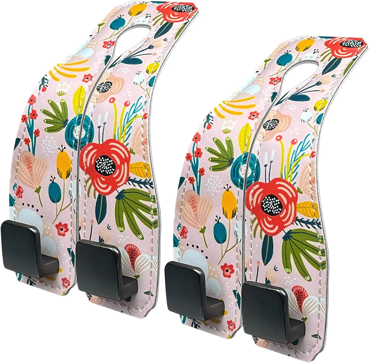 2 Pack Car Seats Hooks for Headrest, printed Premium Leather Car Headrest Hook with Metal Hooks, Seat Back Storage Hook for Backseat Organizer, Handbag Purse Coat Grocery (Flower-Pink)